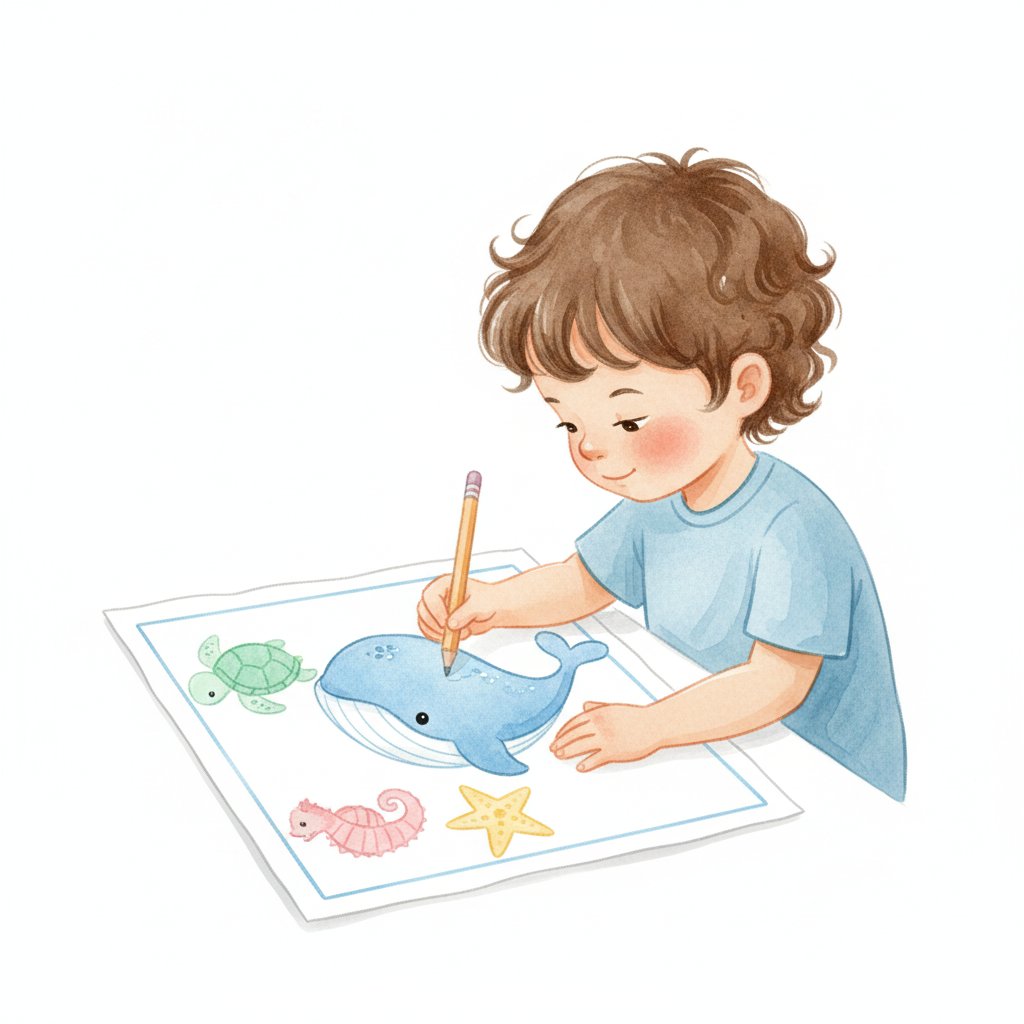 A child tracing and coloring an ocean animal on a practice page