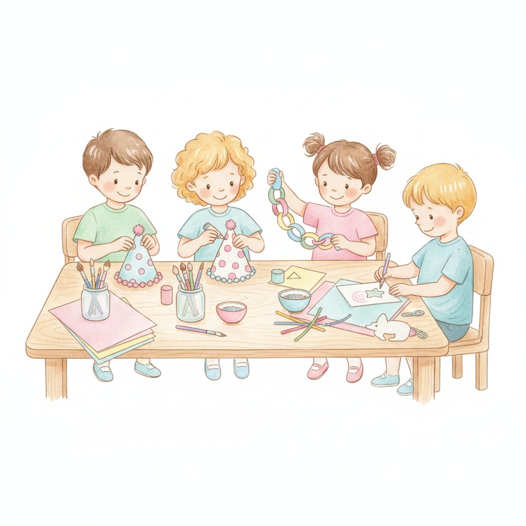 Young children decorating party hats and making crafts at a birthday table