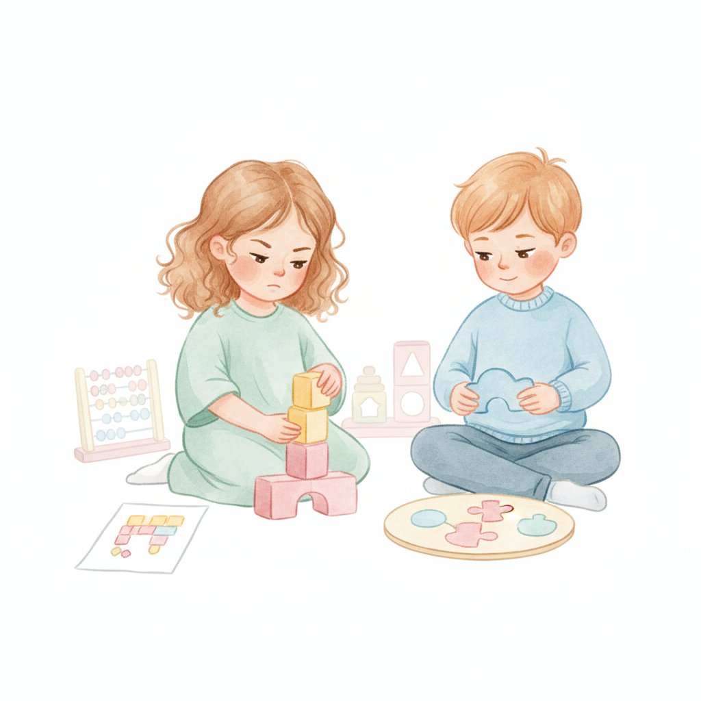 Children doing spatial reasoning play with blocks and puzzle pieces