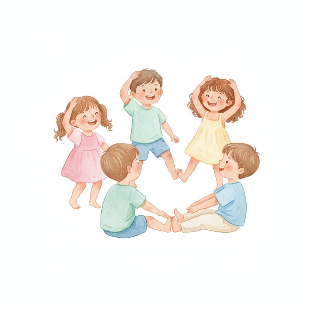 preschoolers touching their head and toes while singing and dancing in a circle