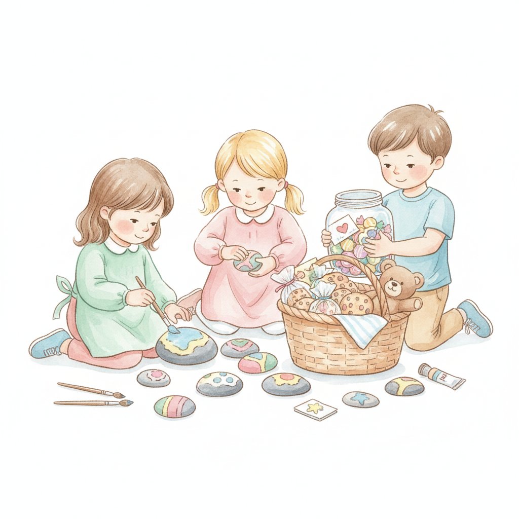 Young children painting kindness rocks and filling a basket to give away
