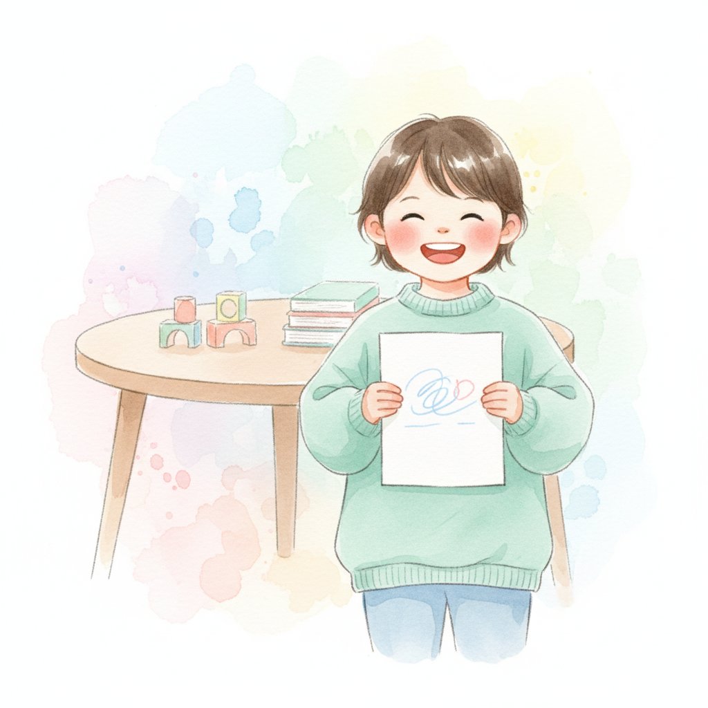 A joyful child proudly holding up the paper where they wrote their name