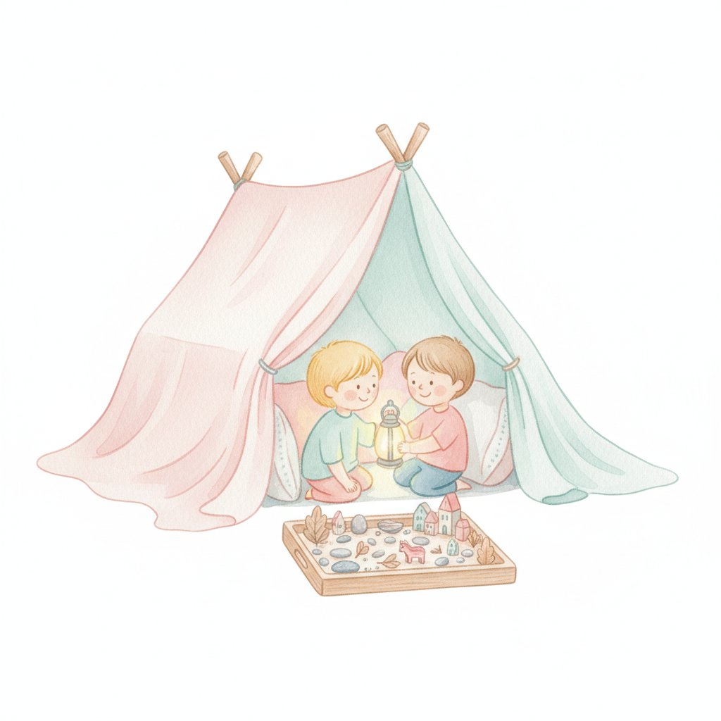 Children building a blanket fort and a tiny pretend world in a tray