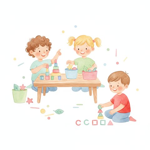 Cheerful preschoolers doing playful early math with blocks and sorting