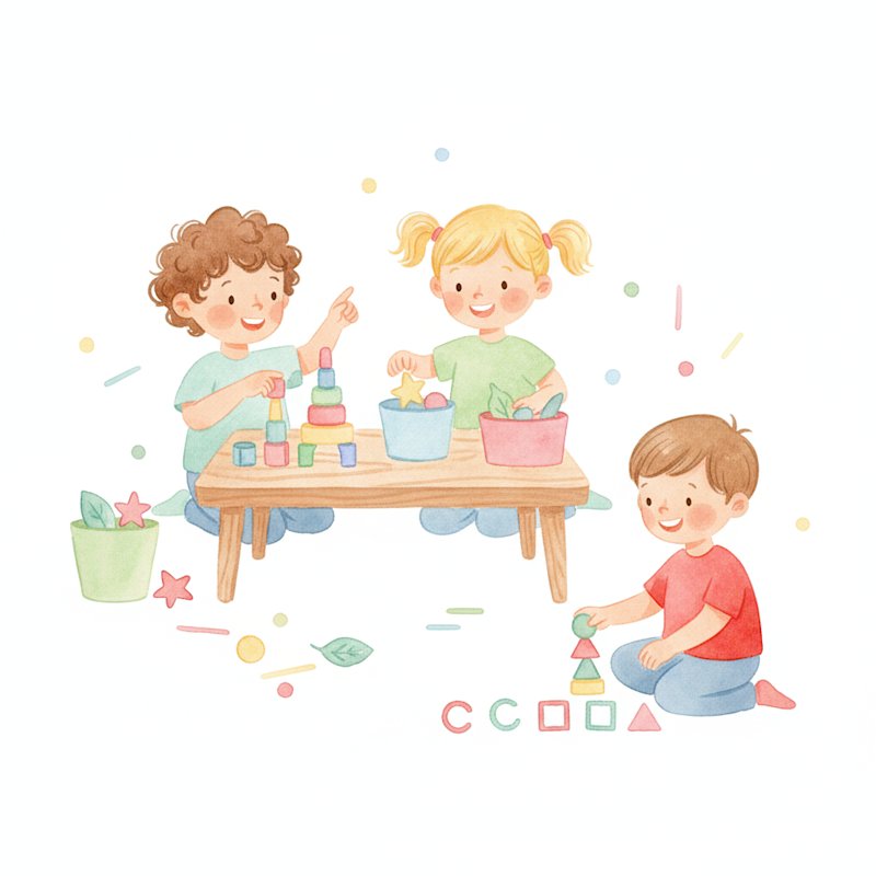 Cheerful preschoolers doing playful early math with blocks and sorting