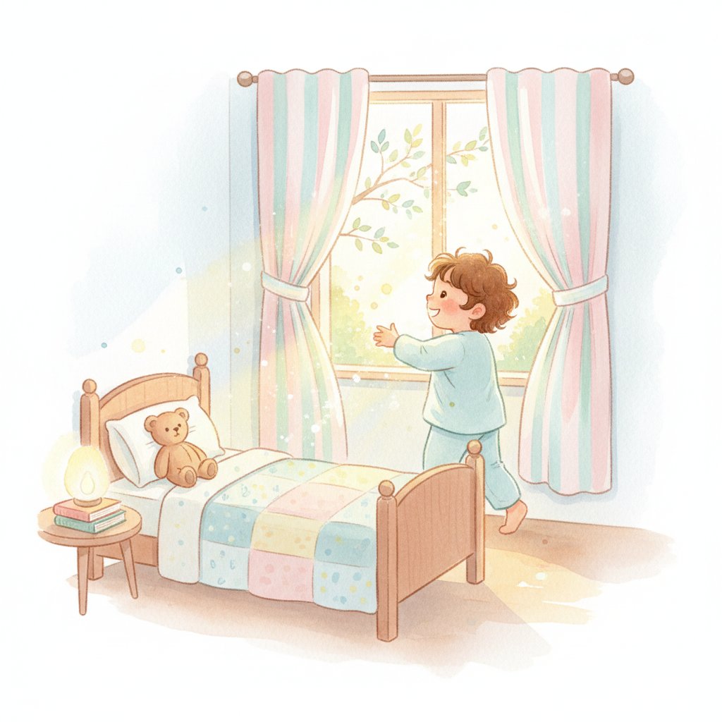 Watercolor illustration of a child opening the curtains to a sunny morning as part of a daily routine