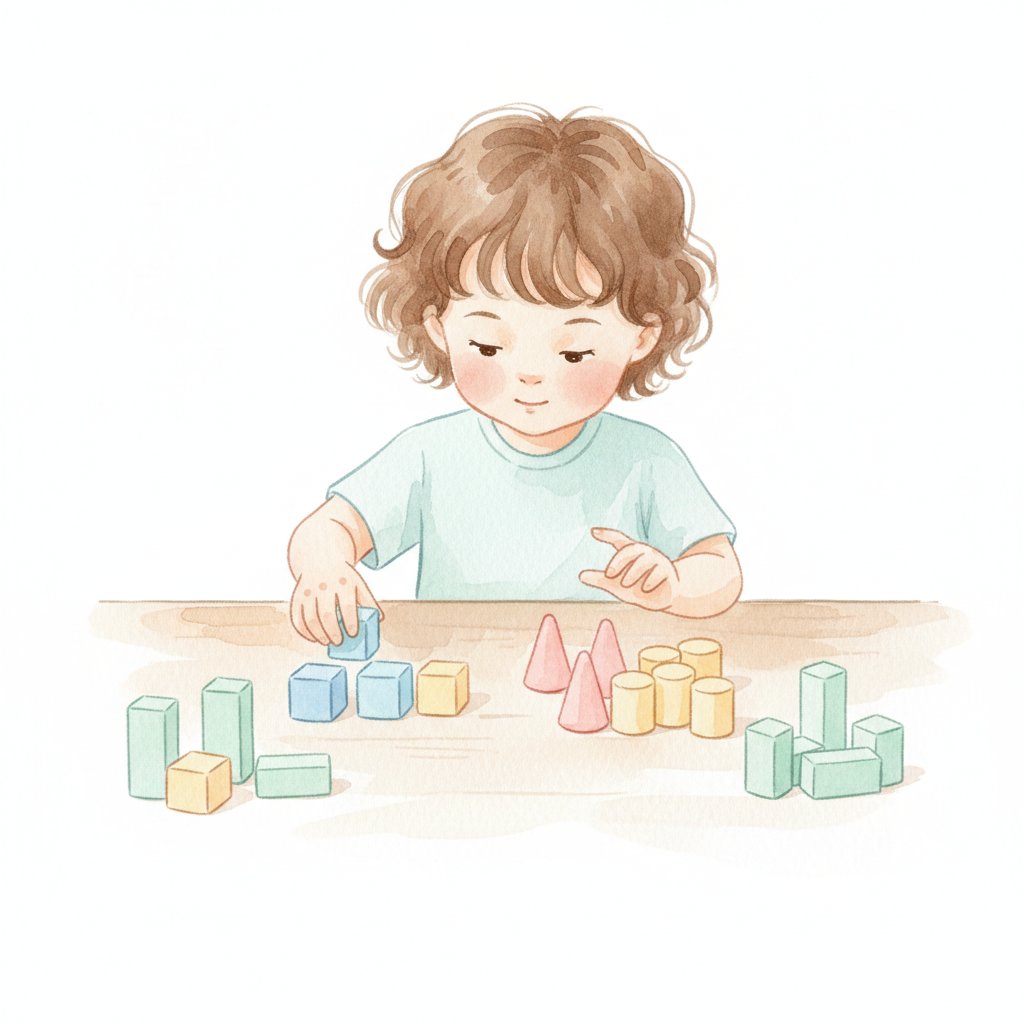 A child grouping small wooden counting blocks and comparing the clusters