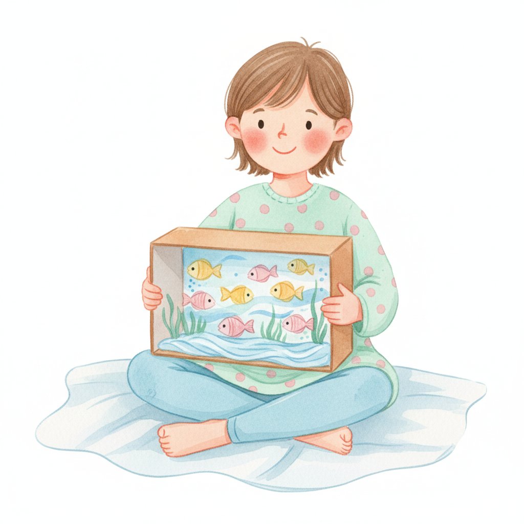 Watercolor illustration of a child holding an ocean habitat diorama made in a shoebox