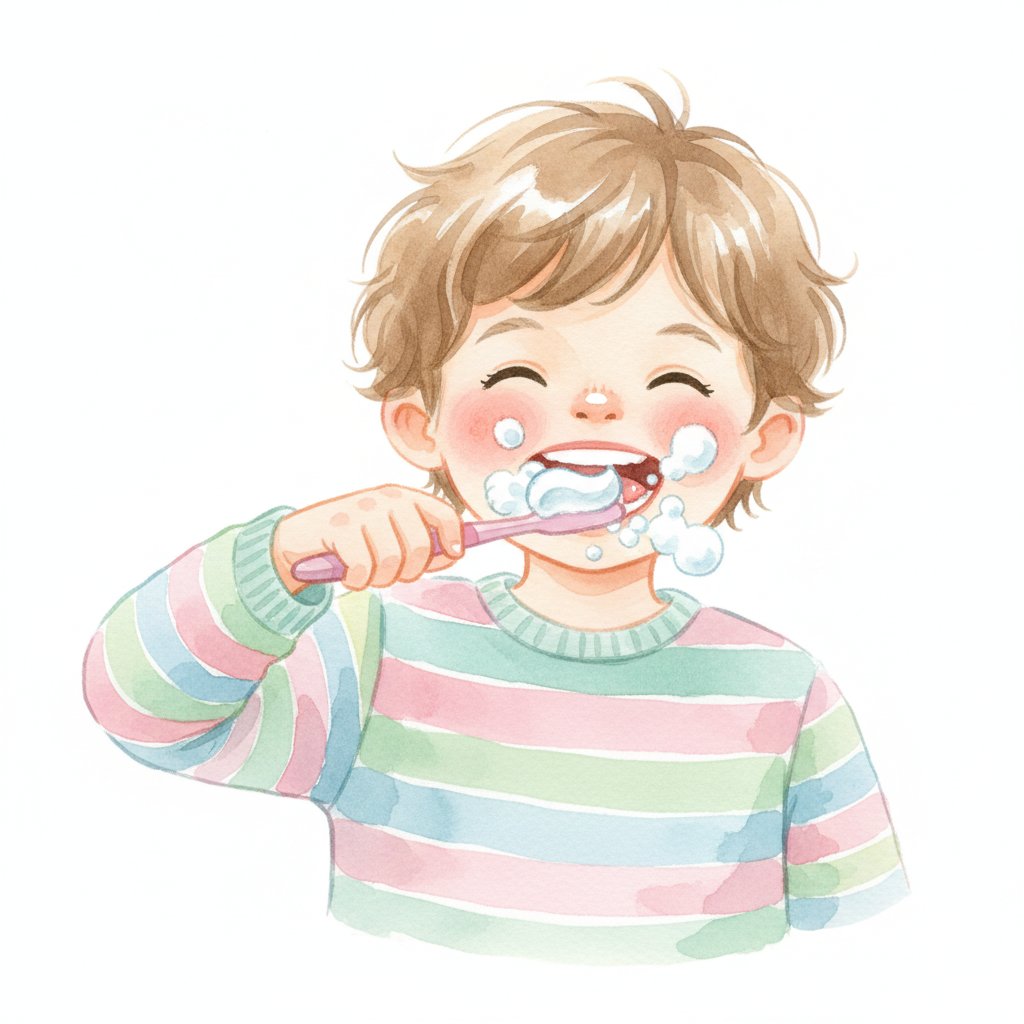 Watercolor illustration of a child brushing their teeth with a foamy toothbrush