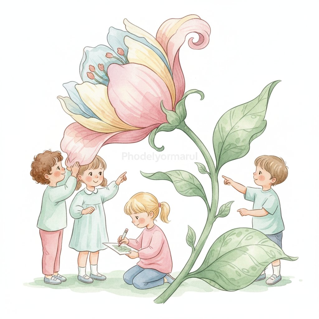 Watercolor of children exploring flower parts and leaves