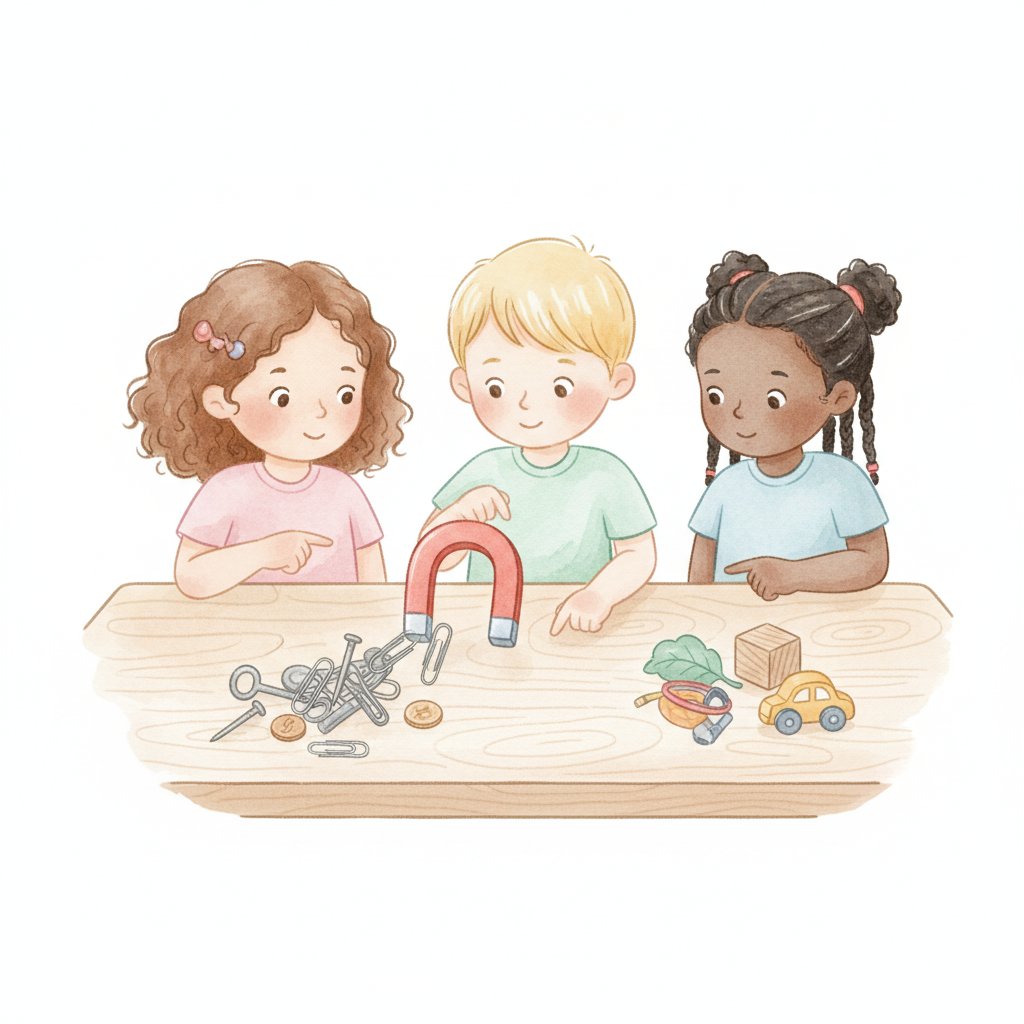 Children testing objects with a magnet and sorting them into magnetic and non-magnetic piles