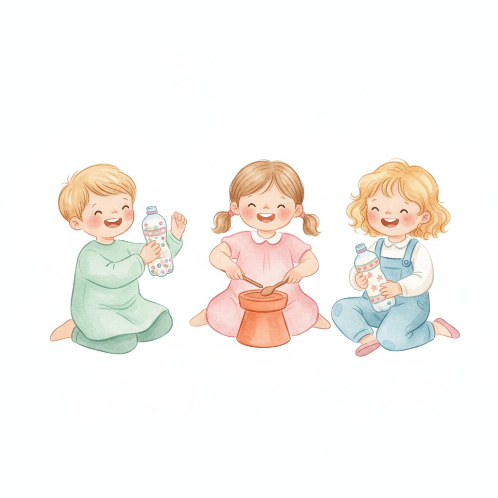 Watercolor of cheerful preschoolers making and playing homemade instruments