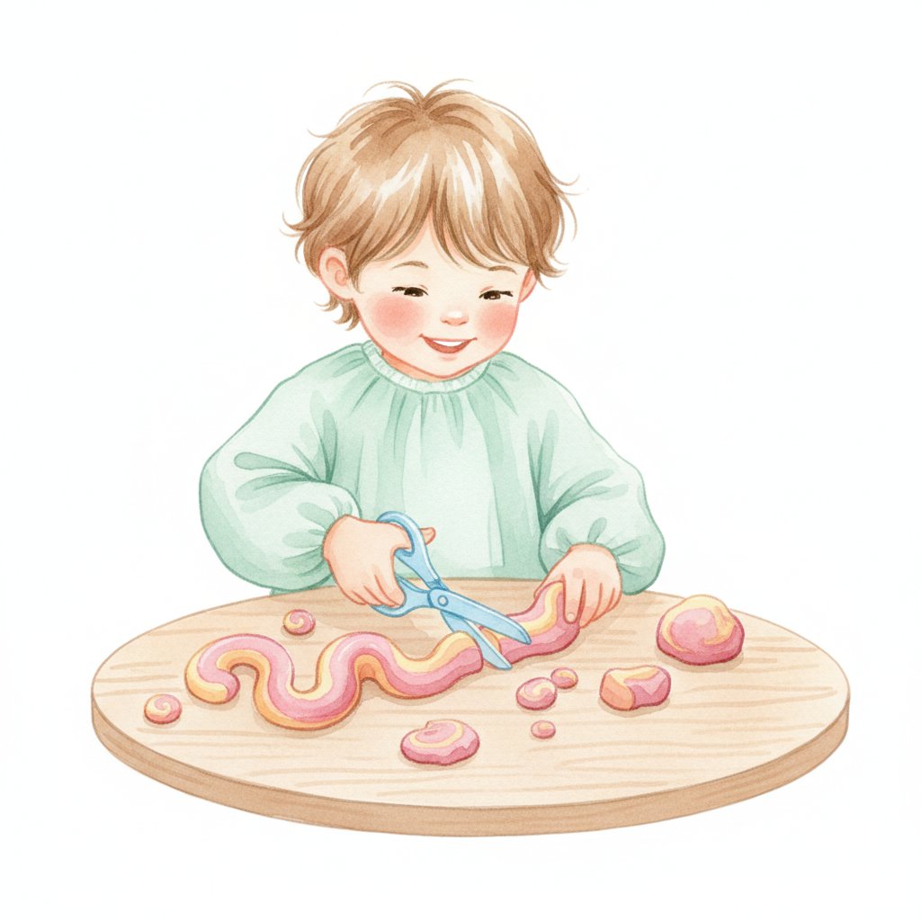A cheerful child cutting a soft playdough snake into pieces with scissors