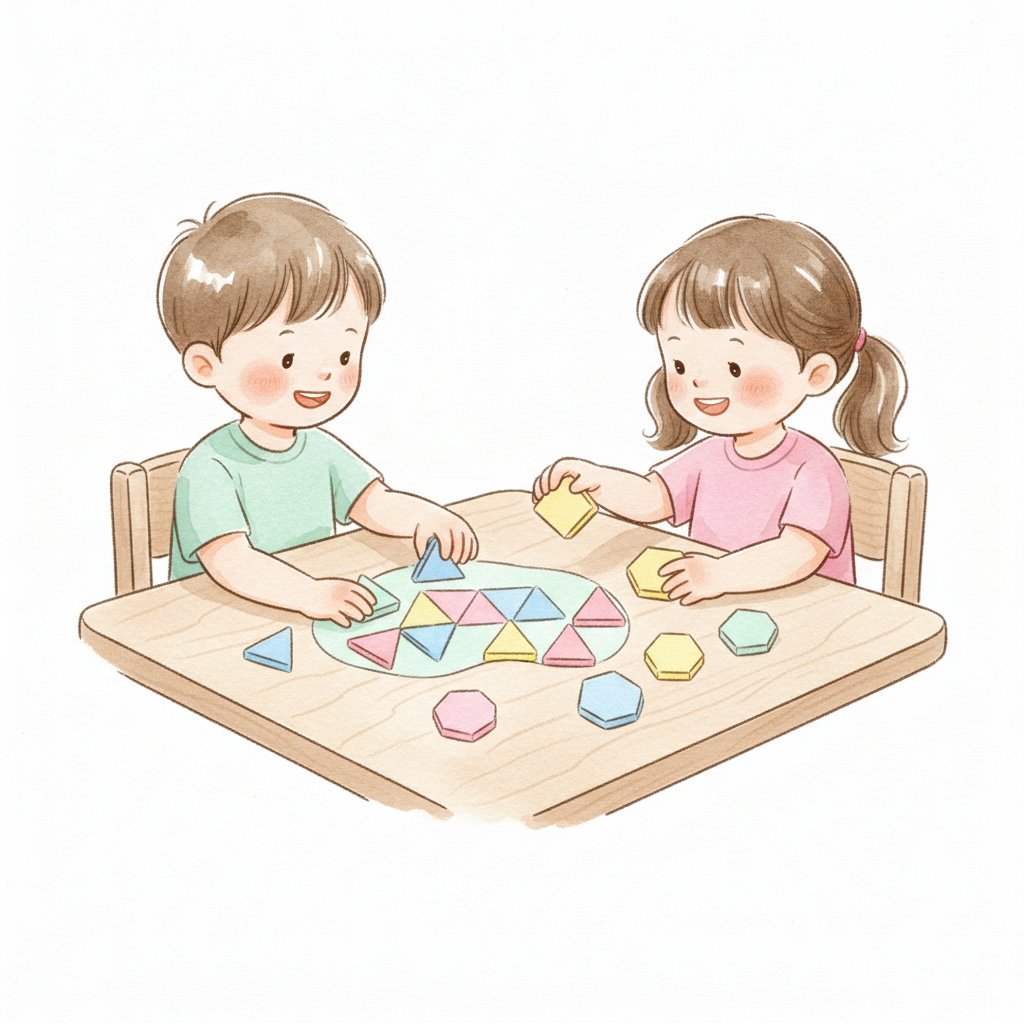 Watercolor illustration of two children sharing and taking turns with pattern blocks