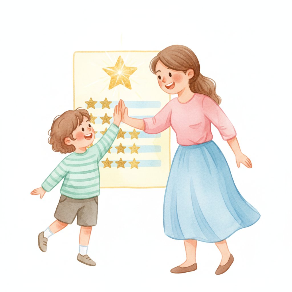 A child and parent celebrating progress with a high-five and gold star stickers