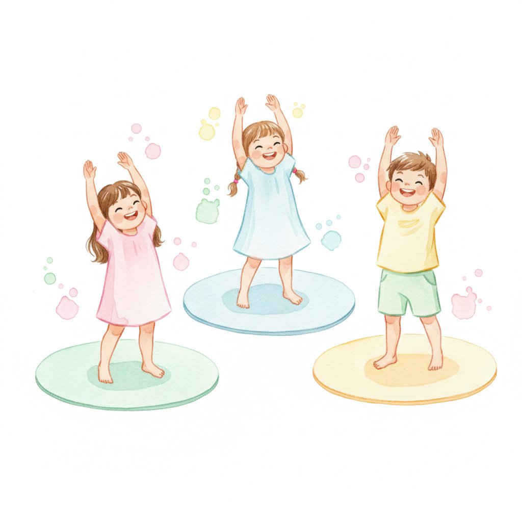 Children stretching and laughing together on yoga mats