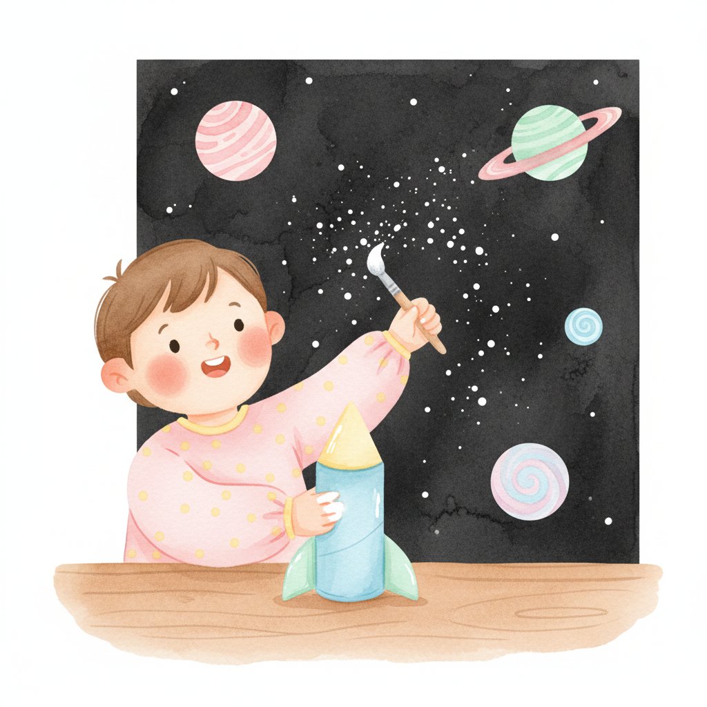 Child making a cardboard rocket and a starry night painting
