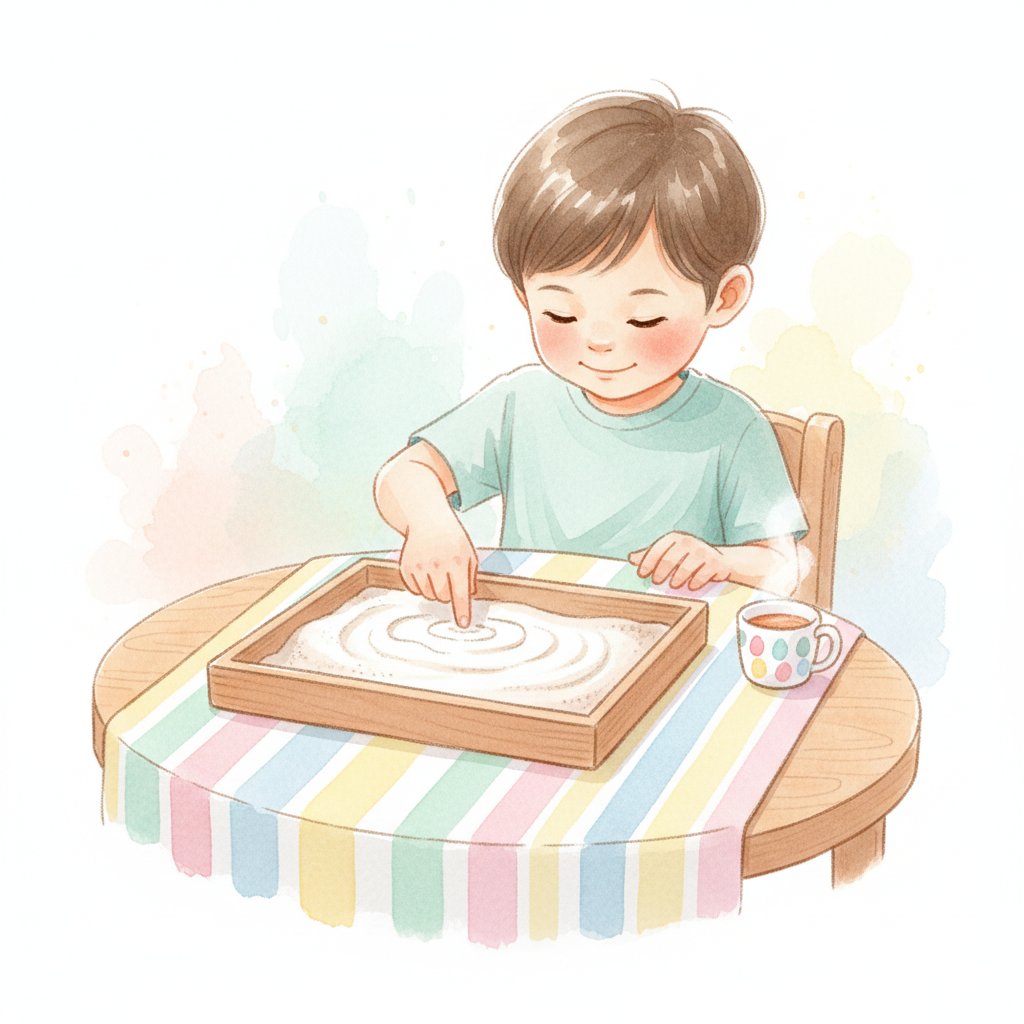 A preschooler tracing in a shallow sand tray with one finger