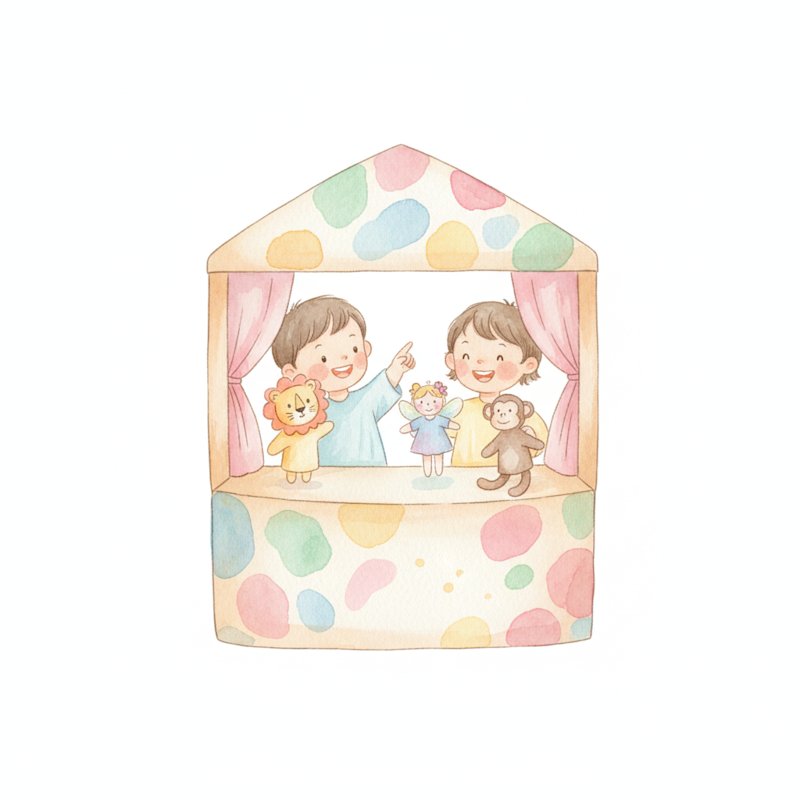 Watercolor illustration of children performing a puppet show behind a cardboard theater stage