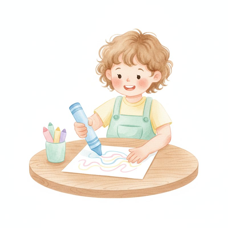 Watercolor illustration of a child happily drawing with a chunky crayon at a table
