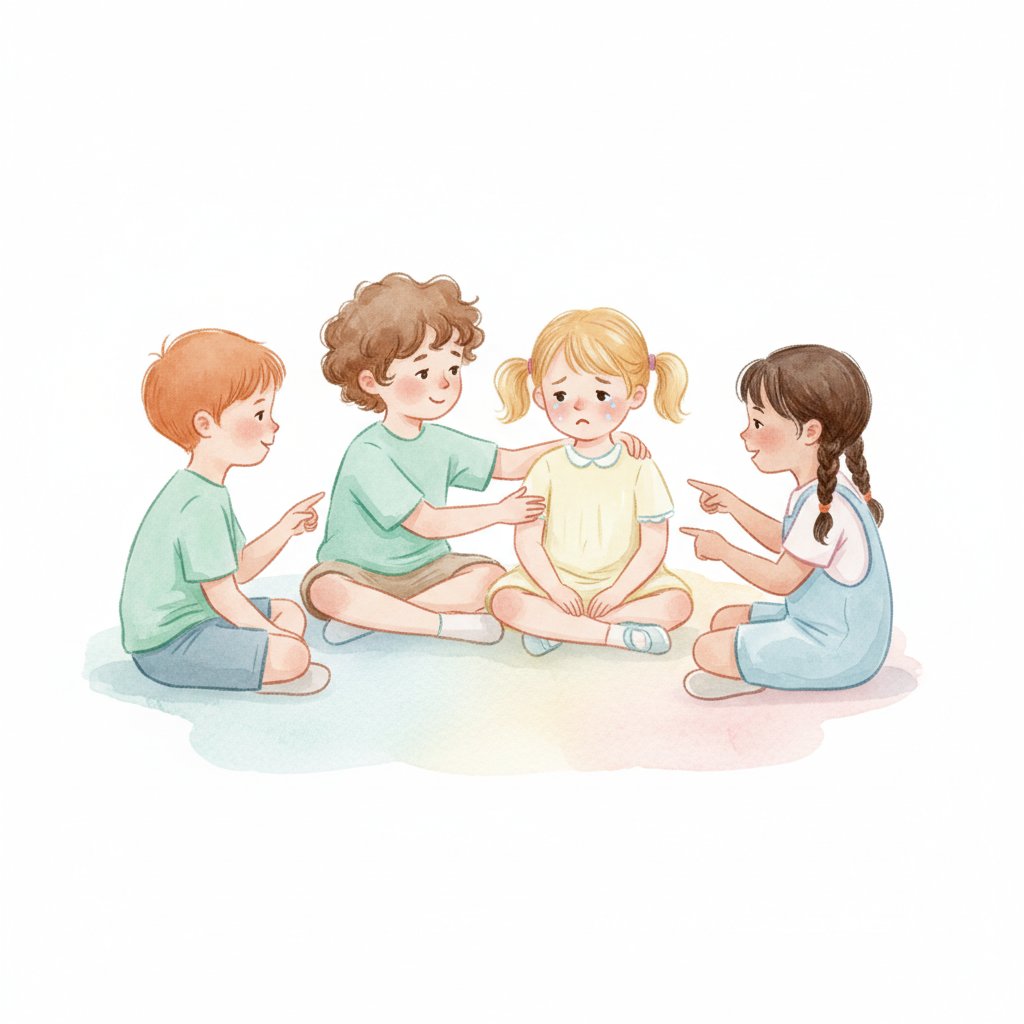 Young children noticing feelings, one consoling another, learning empathy