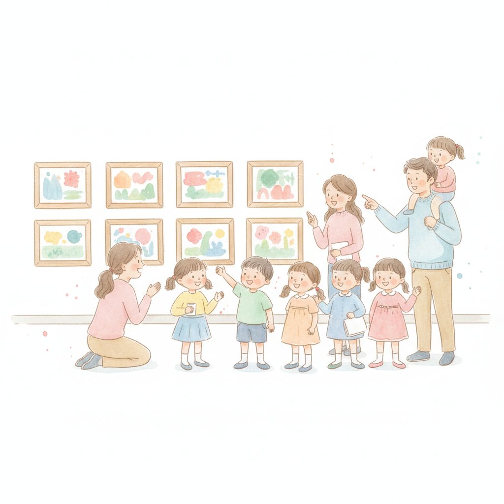 A watercolor illustration of cheerful preschoolers at a classroom art gallery opening, showing their own paintings