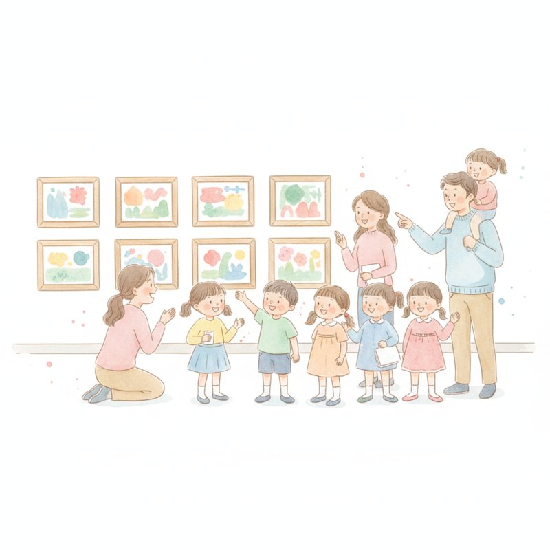 Watercolor of cheerful preschoolers at a classroom art gallery opening showing their paintings