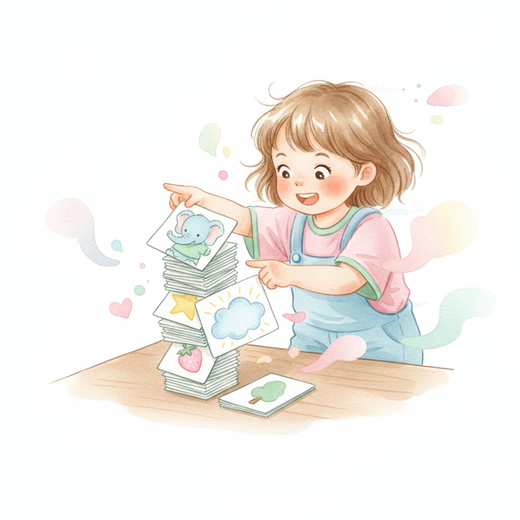 An excited young child quickly naming a stack of picture cards against a timer, soft watercolor