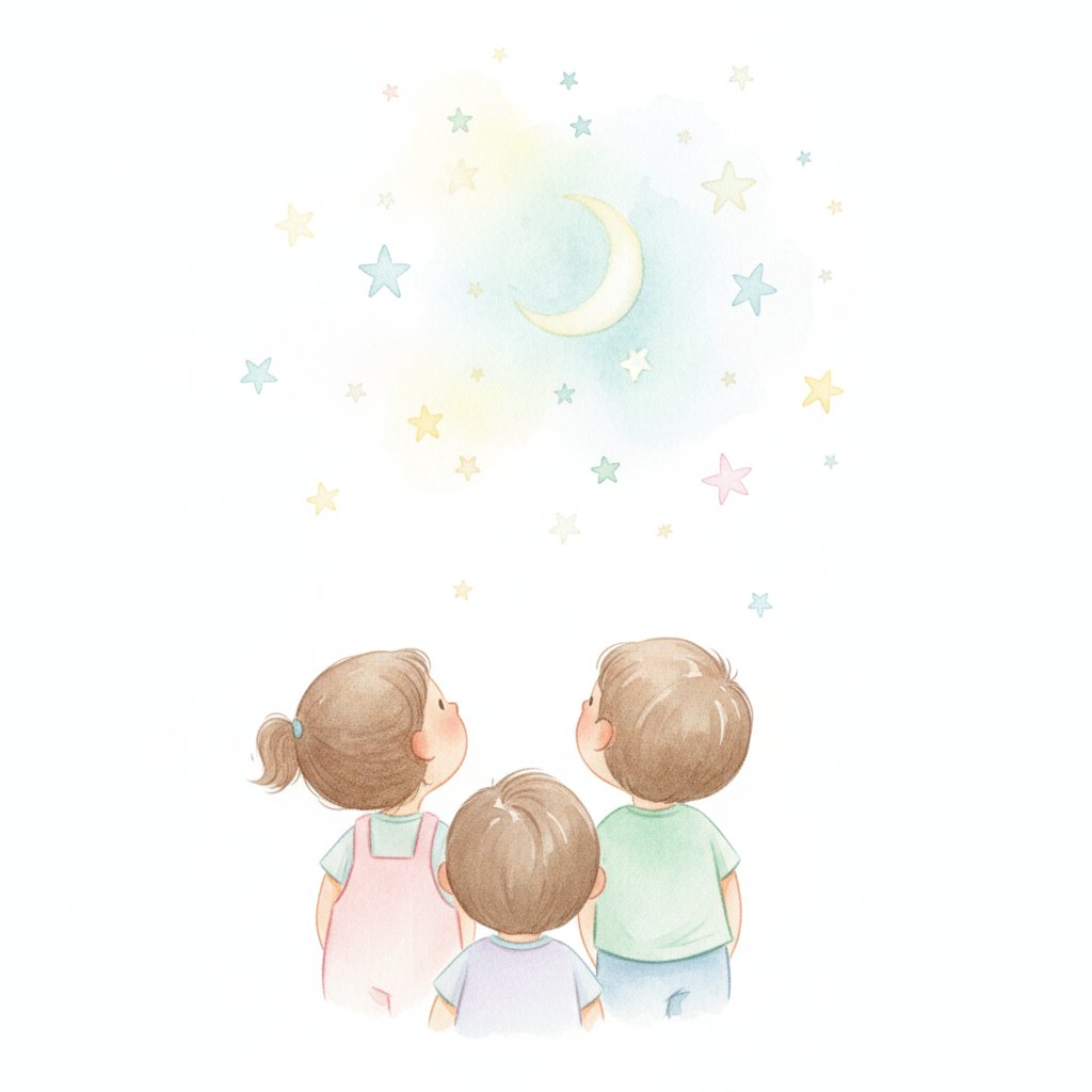 young children gazing up at a soft starry night sky and a gentle crescent moon
