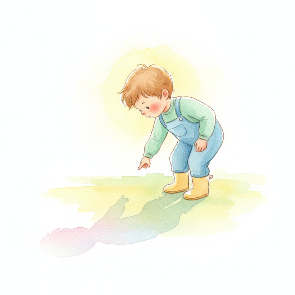 A curious young child outdoors noticing their own long shadow in sunshine