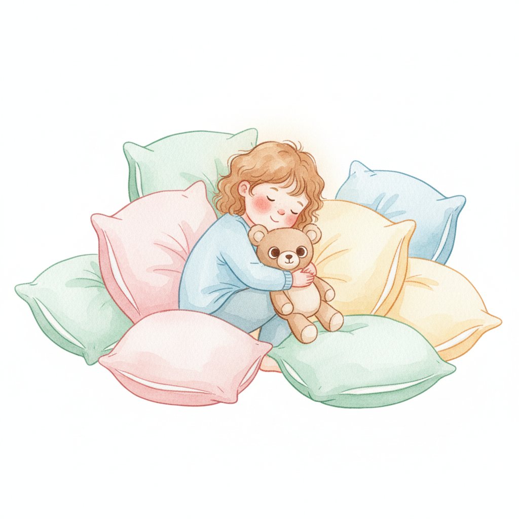 A child in a cozy calm-down corner hugging a soft stuffed animal