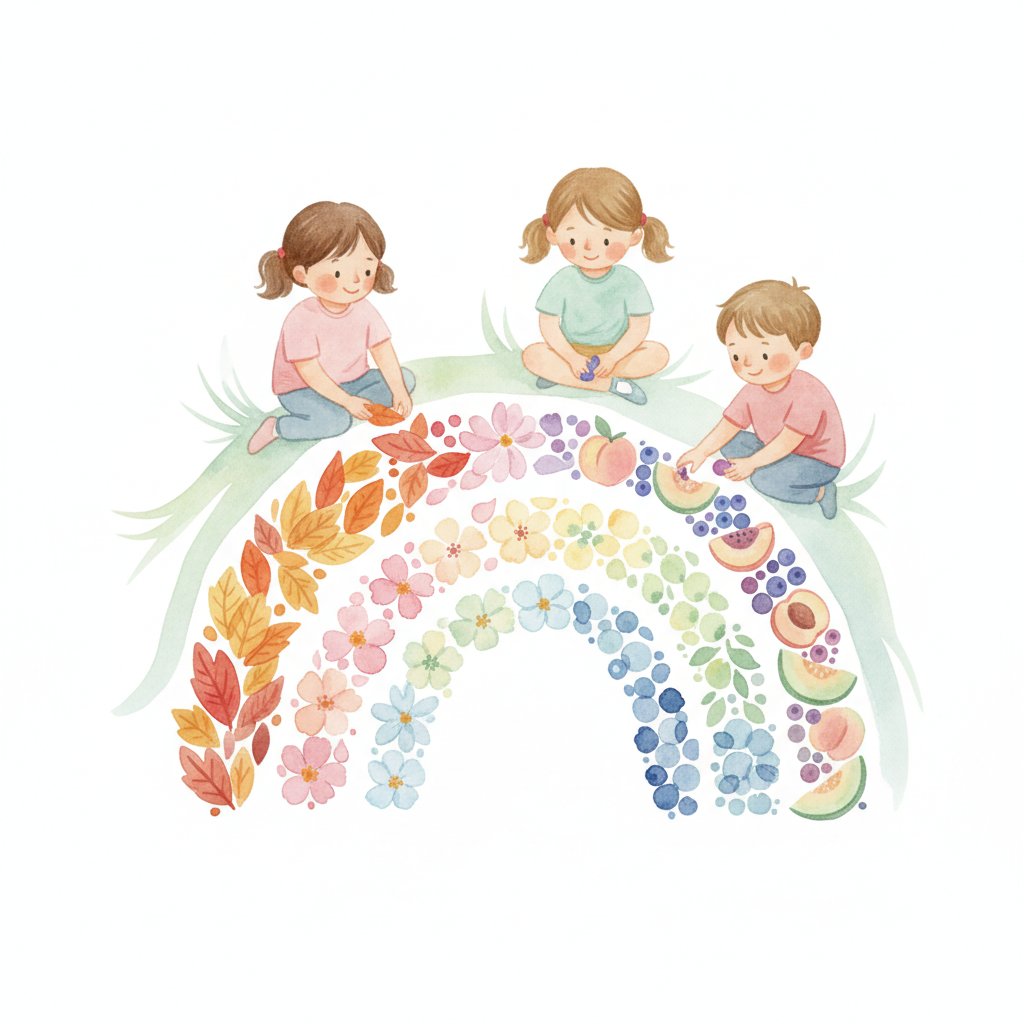 Children arranging a rainbow of seasonal leaves petals and fruits by colour