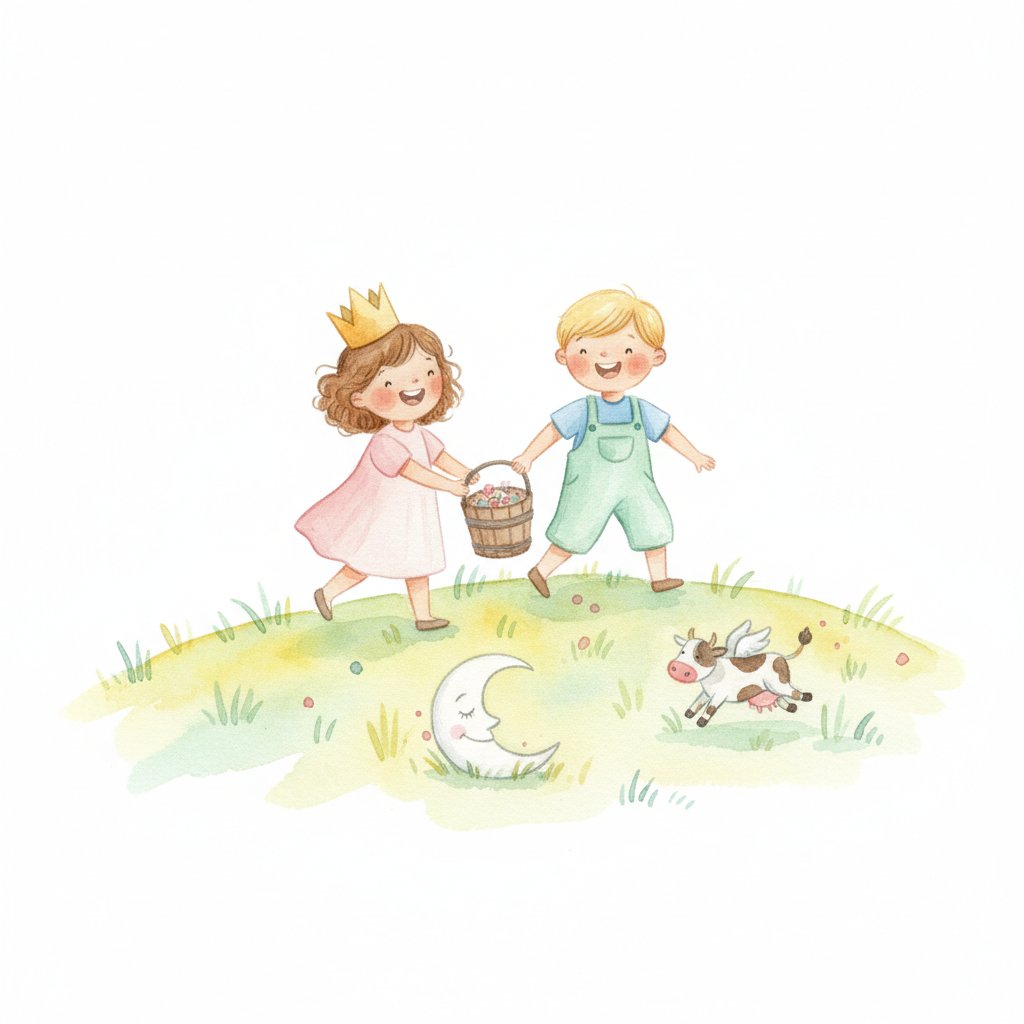 Two children carrying a pail up a hill, one in a paper crown, with a paper moon and a leaping cow nearby