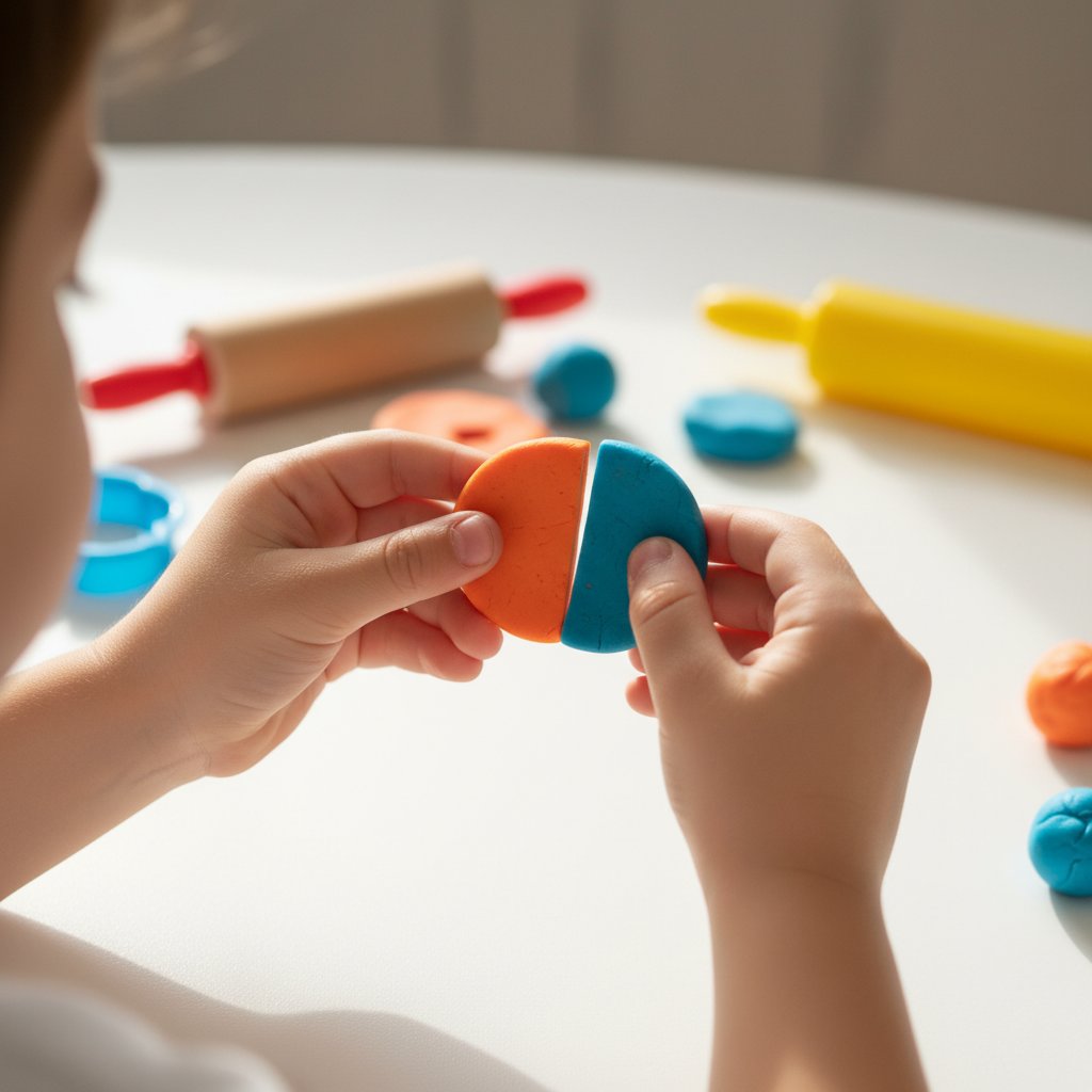 Child's hands demonstrating shape assembly with colored playdough pieces