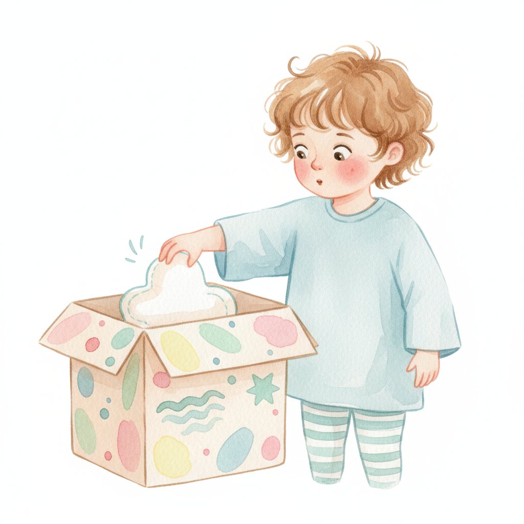 A young child reaching into a mystery touch box to feel a hidden object, soft watercolor