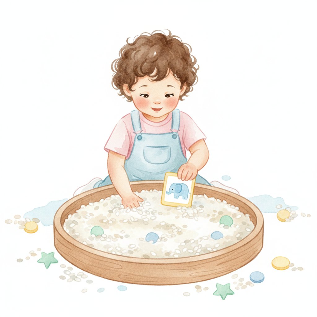 A toddler finding a learning card in a sensory rice bin