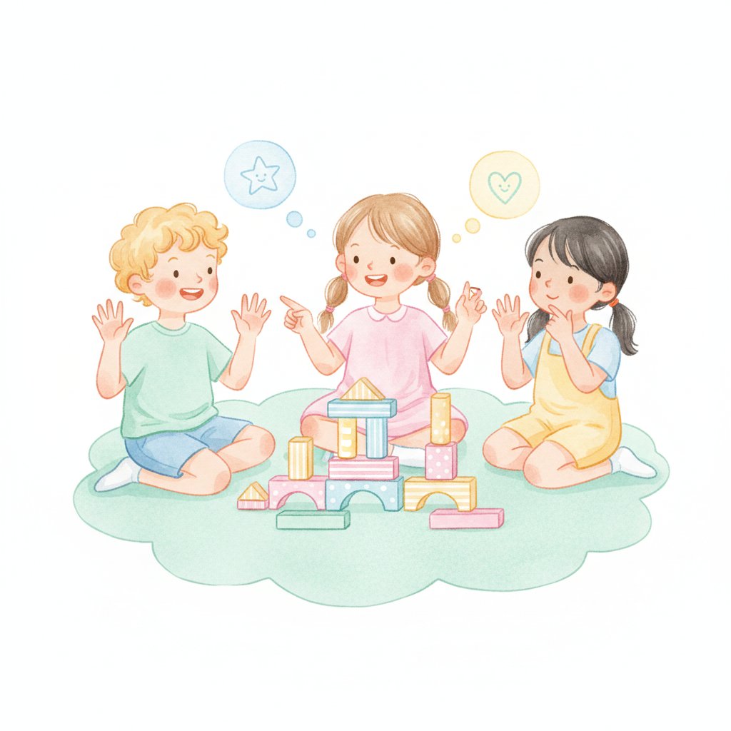 Watercolor of cheerful preschoolers building a block pattern from memory and recalling numbers