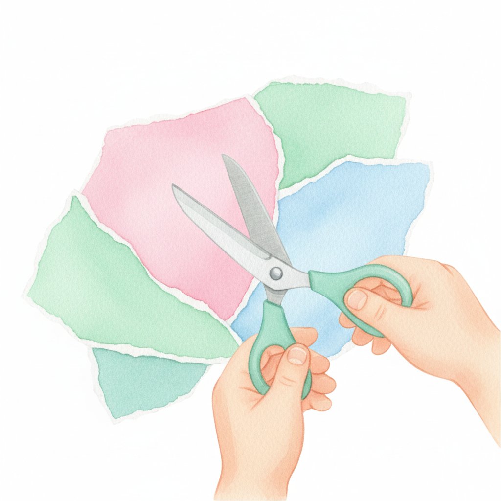 Close-up of small hands holding safety scissors correctly over craft paper
