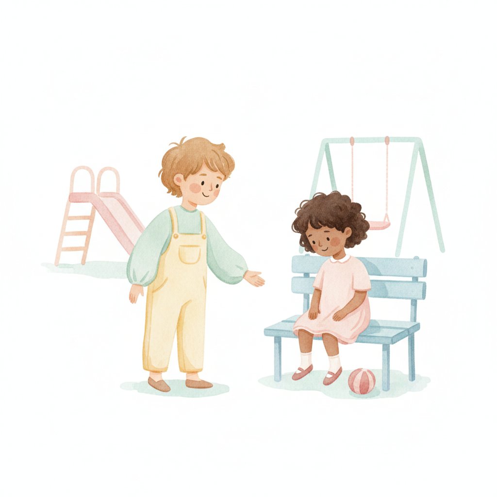A child inviting another child sitting alone on a bench to play