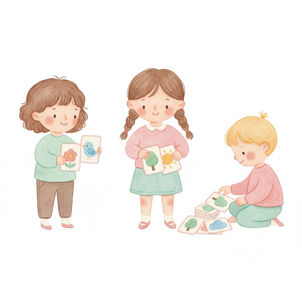 Young children holding, flipping and sorting learning cards with their fingers, soft watercolor