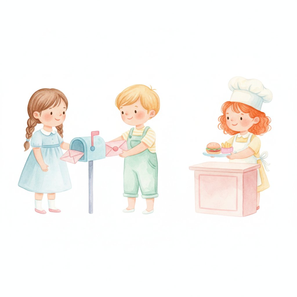 Children playing post office and pretend restaurant