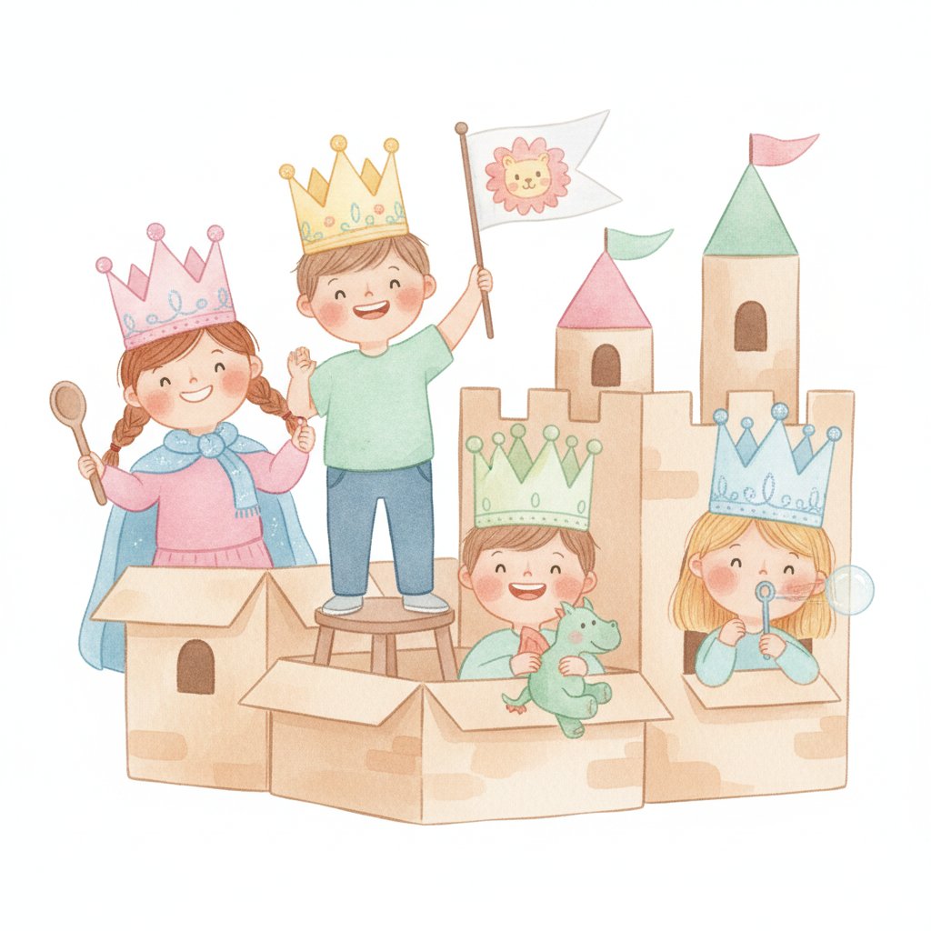 preschoolers wearing paper crowns pretending to be kings and queens in a play castle