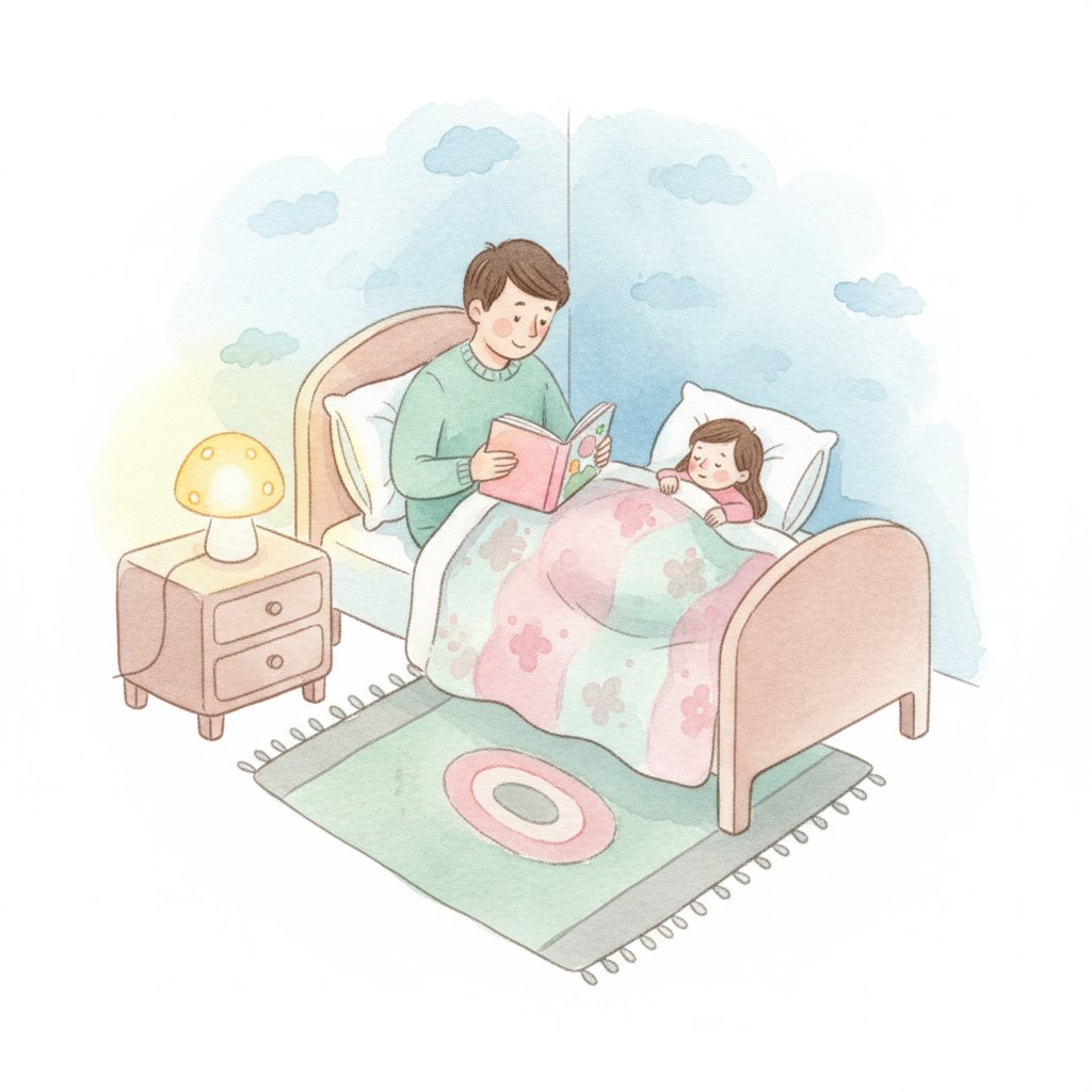 Parent reading bedtime books to a sleepy child tucked under a blanket with a nightlight
