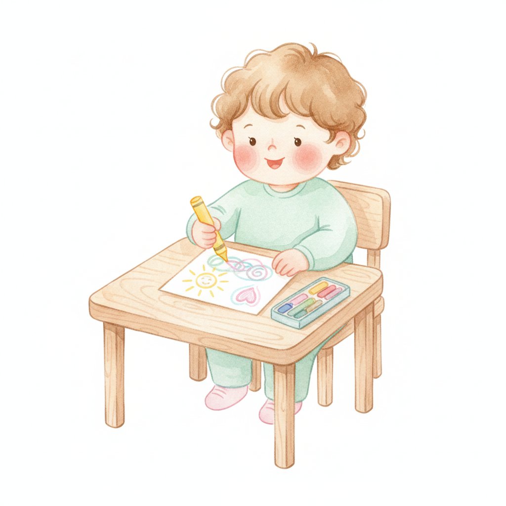 Watercolor illustration of a child drawing a greeting card with crayons