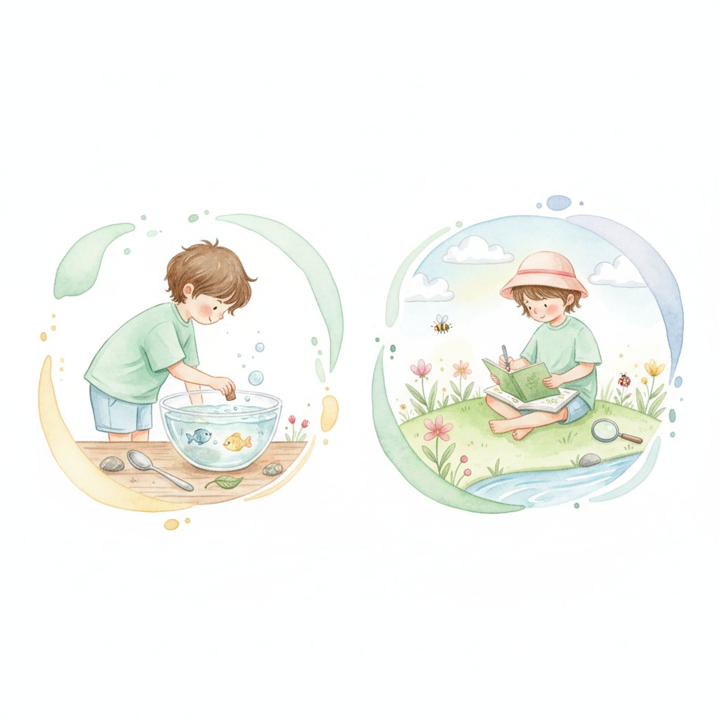 Child doing a sink or float experiment and drawing in a nature journal