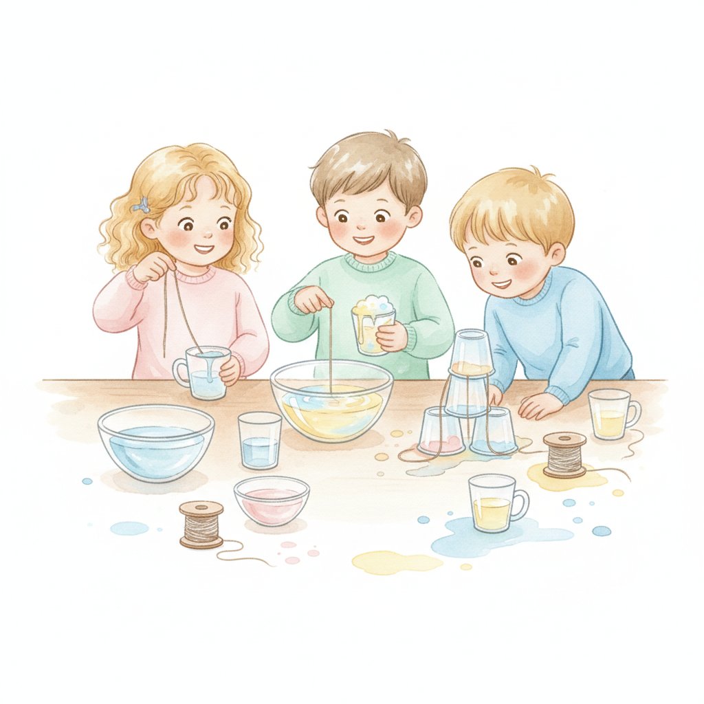 Young children doing simple kitchen science experiments together at a table