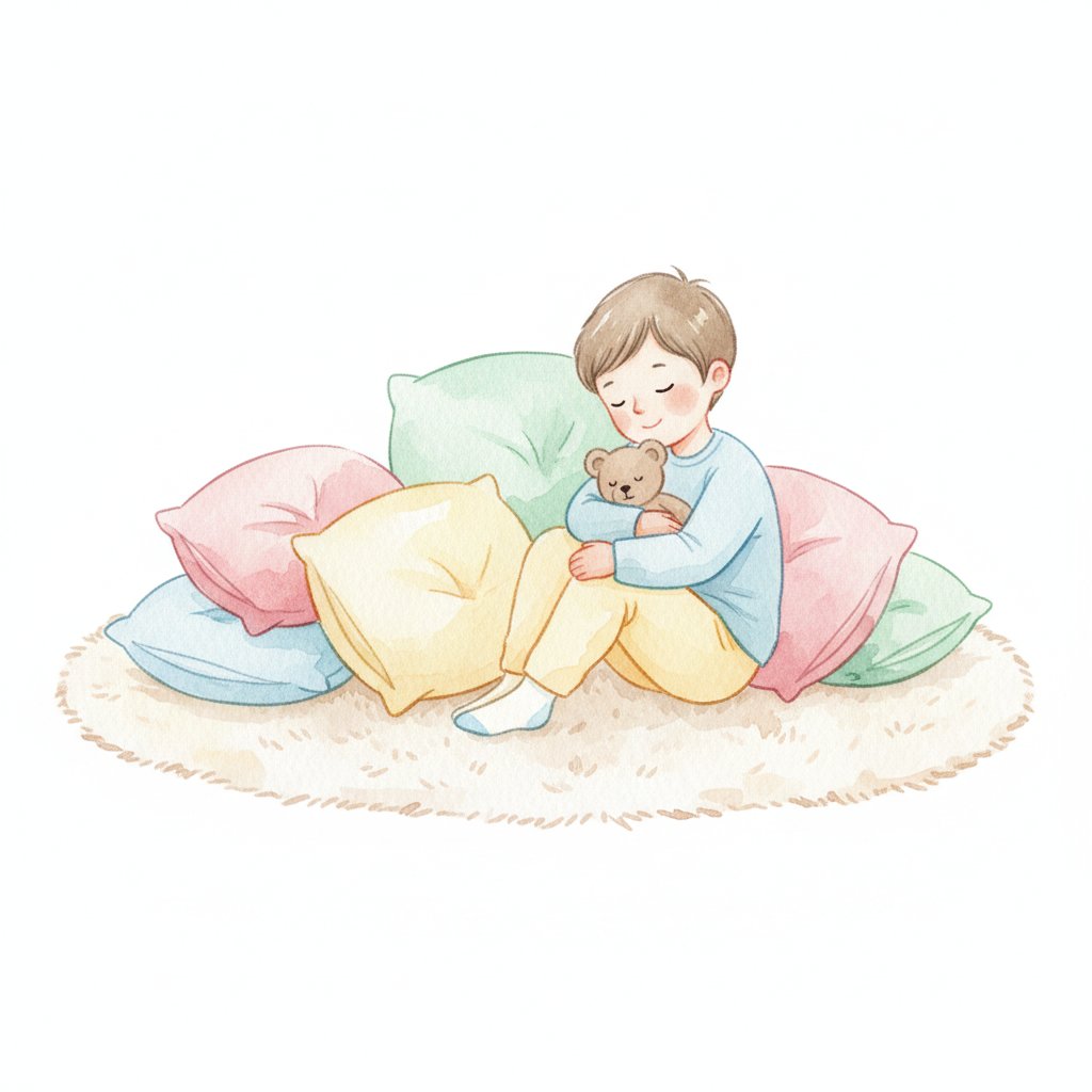 A watercolor illustration of a cozy calm-down corner with soft pillows where a child relaxes quietly