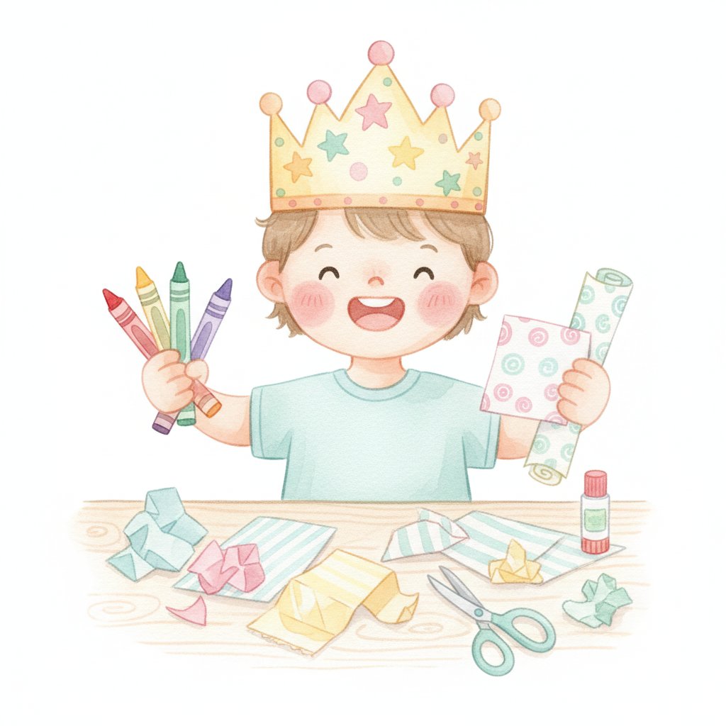A joyful child wearing a handmade decorated paper crown, holding crayons