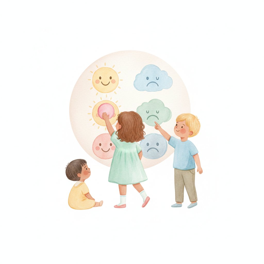 Young children at a wall feelings chart placing a marker by an emotion face