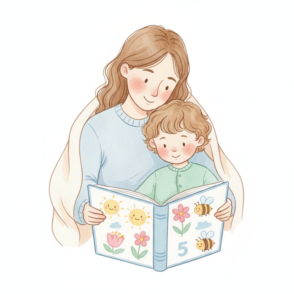 A parent and child cuddled together looking at a colorful counting picture book